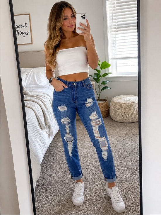 SHEIN Denim - SHEIN Petite M High Rise Distressed Stretch Cuffed Jeans